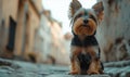 Yorkshire Terrier sitting on cobblestone street in charming urban setting Royalty Free Stock Photo