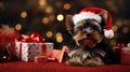 Yorkshire Terrier small dog in Santa Claus hat. Yorkshire Terrier. Christmas holidays with dogs banner poster. AI generated Royalty Free Stock Photo