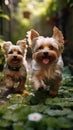 Yorkshire Terriers running and playing in a cute green garden