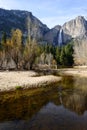 Yosemite Fall and reflection in a river Royalty Free Stock Photo