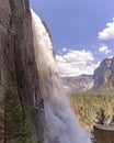 Yosemite Falls up close and shot from a unique angle in a wet area