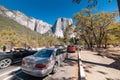 View to El Capitan rock in Yosemite from the road underneath. Tourists cars in Yosemite national Park