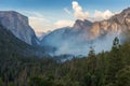 Yosemite National Park A forest fire is present in the background. A range of mountains in the Yosemite Valley are smokey Royalty Free Stock Photo