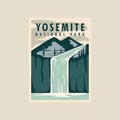 yosemite national park poster vector illustration template graphic design. waterfall in nature with mountain landscaped banner and