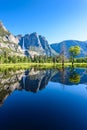 Yosemite National Park - Reflection in Merced River of Yosemite waterfalls and beautiful mountain landscape, California, USA Royalty Free Stock Photo