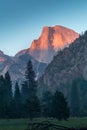 Yosemite National Park view of Half Dome from the Valley during colorful sunset with trees and rocks. California, USA Royalty Free Stock Photo