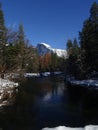 Yosemite's snow-capped mountains and reflections in the water