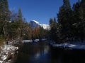 Yosemite's snow-capped mountains and reflections in the water