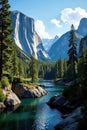 Yosemite s Upper Yosemite Fall, panoramic view Majestic cascade, towering cliffs , powerful, valley, summer Royalty Free Stock Photo