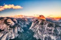 Yosemite Valley with Illuminated Half Dome at Sunset, View from Glacier Point, Yosemite National Park Royalty Free Stock Photo