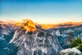 Yosemite Valley with Illuminated Half Dome at Sunset, View from Glacier Point, Yosemite National Park Royalty Free Stock Photo