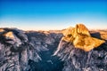 Yosemite Valley with Illuminated Half Dome at Sunset, View from Glacier Point, Yosemite National Park Royalty Free Stock Photo