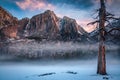 Yosemite valley with morning fog and snow