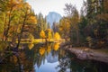 Yosemite Valley river with reflection of Half-Dome and autumn trees Royalty Free Stock Photo