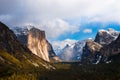 Yosemite Valley from Tunnel View on a foggy day. Yosemite Nation Royalty Free Stock Photo