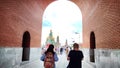 Yoshkar-Ola, Republic of Mari El, Russia - April 29, 2023: Tourists on the city street on a summer, spring, autumn day