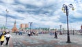 Yoshkar-Ola, Republic of Mari El, Russia - April 29, 2023: Tourists on the city street on a summer, spring, autumn day