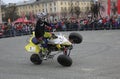 YOSHKAR-OLA, RUSSIA - MAY 5, 2018: AutoMotoshow in square. Tricks on ATV StuntRiding Wheelie, Stoppie and Akrobatyka on quad bike.