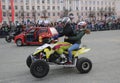 YOSHKAR-OLA, RUSSIA - MAY 5, 2018: AutoMotoshow in square. Tricks on ATV StuntRiding Wheelie, Stoppie and Akrobatyka on quad bike. Royalty Free Stock Photo