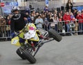 YOSHKAR-OLA, RUSSIA - MAY 5, 2018: AutoMotoshow in square. Tricks on ATV StuntRiding Wheelie, Stoppie and Akrobatyka on quad bike.