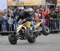 YOSHKAR-OLA, RUSSIA - MAY 5, 2018: AutoMotoshow in square. Tricks on ATV StuntRiding Wheelie, Stoppie and Akrobatyka on quad bike.