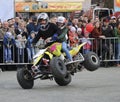 YOSHKAR-OLA, RUSSIA - MAY 5, 2018: AutoMotoshow in square. Tricks on ATV StuntRiding Wheelie, Stoppie and Akrobatyka on quad bike. Royalty Free Stock Photo