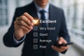 Business Quality Assessment: Professional Hand Checking \'Excellent\' in Performance Survey with Digital Interface Royalty Free Stock Photo