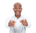 You are amazing. Studio portrait of a young african american man pointing two fingers at the camera and smiling. Royalty Free Stock Photo