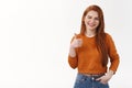 You awesome. Supportive cheeky redhead female give positive reply approve excellent choice wink happy smiling show