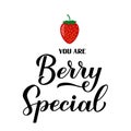 You are berry special. Funny quote calligraphy lettering with hand drawn strawberry. Food pun typography poster. Vector