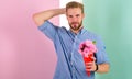 This is for you Boyfriend happy holds bouquet flowers. Man ready for romantic date bring bouquet pink flowers. Macho Royalty Free Stock Photo