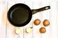 There is a frying pan, potatoes and onions on the table. Royalty Free Stock Photo