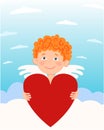 Vector character in a flat style of an angel sitting on the clouds and holding a heart. Royalty Free Stock Photo