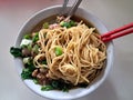 YOU CAN SEE CHICKEN NOODLES SERVED IN A WHITE BOWL ON THE TABLE WITH A LOT OF NOODLES AND COMPLEMENTARY VEGETABLES AND CHICKEN Royalty Free Stock Photo