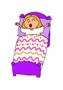 Cute illustration of a girl who has just woken up in her bed and is yawning and stretching