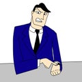 Cartoon illustration of a man in a suit pointing at his wristwatch indicating that it is too late