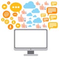Flat vector illustration of a computer screen with lots of social networking icons and internet connections