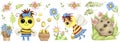 An illustration, a large set of elements, cute wasps, a house, flowers and leaves, flower pollen, twigs of plants