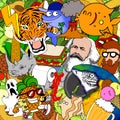 Illustrated pop background full of images of things, animals, fruits and Karl Marx