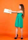 For you. child in summer day on orange background. its shopping time. small girl hold present box. little kid with gift Royalty Free Stock Photo