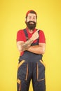 this is for you. confident in uniform. working on construction site. bearded male handyman. happy mature man worker with Royalty Free Stock Photo
