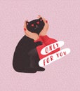 Only for you. Cute cats in love. Romantic Valentines Day greeting card or poster. Female hands hold head of cat in love Royalty Free Stock Photo