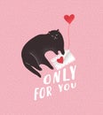 Only for you. Cute cats in love. Romantic Valentines Day greeting card or poster. Kitten fly on balloon with envelope Royalty Free Stock Photo