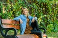 You deserve break for relax. Ways to give yourself break and enjoy leisure. Girl sit bench relaxing fall nature
