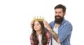 You deserve crown. Bearded man crown small child. Little princess. Beauty queen crown. Golden diadem or tiara. Shiny