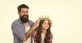 You deserve crown. Bearded man crown small child. Little princess. Beauty queen crown. Golden diadem or tiara. Shiny