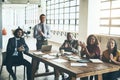 You deserve some applause, too. Portrait of a group of businesspeople applauding while sitting around a boardroom table Royalty Free Stock Photo