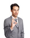 You did a great job. A handsome young businessman showing you the a-okay sign while isolated on white.