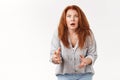 You did what. Shocked intense worried redhead disappointed middle-aged woman speechless stare camera gasping open mouth