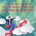 You do not have to see whole staircase just take first step with businessman stands on growing up Arrow and points forward in Royalty Free Stock Photo